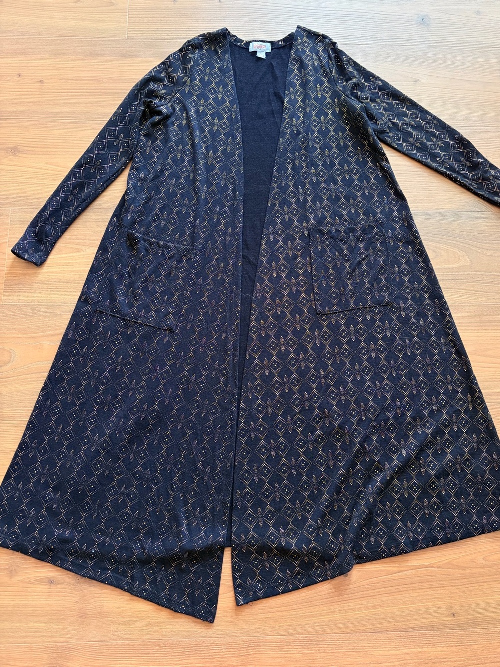 LuLaRoe Sarah Black Long Open‎ Duster Cardigan Gold Diamond Pattern